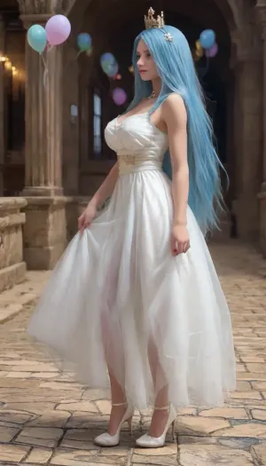 very tall female warrior walking in a medioeval building, very long blue hair, huge massive boobs, armed with a 2 handed sword, side view, crown of light, full-lenght figure, 15 cm high white heels, long, hair, very, <lora:Long hair epc 6:1.5>, high, white heels, sexy, heel, 15, cm, boots, <lora:398313_training_data:.5>, a, woman, with, balloons, in, <lora:bboobs-000005:.5>