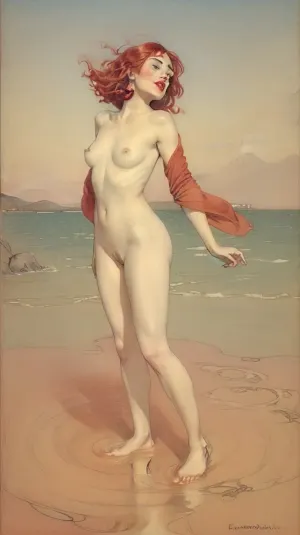 full nude, bright red lipstick, barefoot, by Edmund Dulac style, JnTrp, <lora:JnTrp:.8>