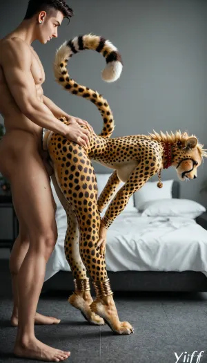 (yiff anthro furry cheetah:2), (anthro cheetah girl:1), sexy thin body, tall, (long legs:1.4), built for speed, marathon runner build, golden jewelry, facial piercings, side view, full body shot, (cat paws), on her toes, thick toned thighs, (huge bubble butt:1), (very wide hips:1.3), (tiny waist, tiny torso), nude anthro cheetah body, (anthro cheetah being fucked doggy style by realistic human man:1.5), (grabbing her waist, holding her by the neck)
