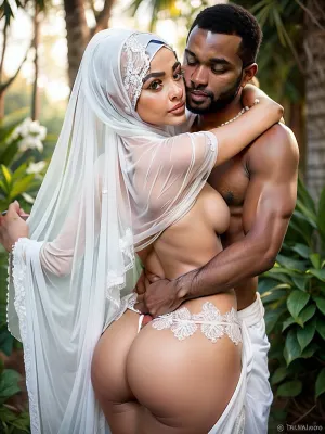 1 indian girl, 1 African man, masterpiece, best quality, A beautiful Naked Muslim woman wearing a transparent white wet hijab with a delicate small flower pattern. Her hijab is neatly wrapped, ((naked from bottom)), complementing her soft and elegant facial features. The hijab is neatly not wrapped properly and fully exposed her chest, enhancing her sexy and elegant appearance. She has a warm, confident expression with natural, glowing skin. The background is softly blurred, creating a dreamy and aesthetically pleasing portrait. The lighting is gentle and flattering, enhancing her beauty while keeping the focus on her. A black man hug her from the back and squeeze her ass, ((fully exposure on her fatty big ass)), view full portrait, ultra wide angle, display full poth of, 4k detai