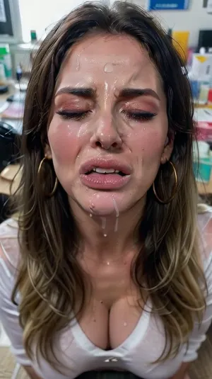 amateur style, (extremely detailed CG unity 8k), photorealistic, masterpiece, Intricate, High Detail, Sharp focus, dramatic.
Close up portrait, 25 year old white woman, pov view from above, lookong down on her, in an office. Black hair, bouncy blow dry. Gold hoop earrings, white shirt, secretary. Looks annoyed, frowning, (cum covered, excessive cum on face, cum on tits, cumshot), looking up at the viewer, making eye contact, . Detailed skin, detailed hair, black hair, detailed eyes, detailed lips. cumfacial55, on, face, cumshot, cumfacial, disgusted, expression, facial, cum, pov, tongue, out, open, mouth, closed, eyes, Crying, Transparent, Liquid, bimbolips, big, lips, huge, enormous, <lora:cumfacial55_v2:.1>, <lora:disgusted_v1:.7>, <lora:MS_Real_Facial_Lite:.8>, <lora:Crying-v2.0:.6>, <lora:BimbolipsV4-000003:.2>