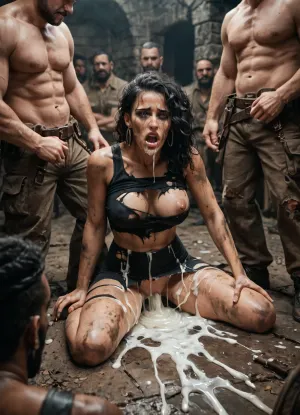 Black woman, gang rape, forced penetration, excessive cum, exhausted, ripped clothes, dirty cellar
