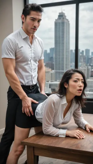 ((Asian woman)), ((Standing, bending down on the table)), curvy butt, (Standing having sex), ((high detailed body)), ((high detailed clothes)), (photorealistic:1.4), Best quality, masterpiece, ultra high res, ((In an old, dilapidated building)), (1girl), (white shirt sleeves), (black Pencil skirt:1.33), ((sex through clothes)), Have sex without taking off your clothes, ((Insert through the skirt)), (Rough sex:1.4)