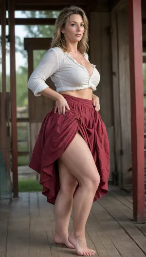 RAW photo, object, (high skin detail:1.1), 8k UHD, soft light, high quality, film grain, Fujifilm XT3, dynamic angle, (mature milf:1.5), russian peasant woman, in a peasant hut, ((full view)), fair skin, ((ashamed)), (show bare leg), in summer peasant clothes, ((lifts up skirt:1.9)), (hairy intimate place:1.4), ((f4rhairstyle)), brunette with long wavy hair, ((unbuttoned blouse)), ((showing breasts)), ((red)), ((blue)), ((green)), ((yellow)), barefoot, washing clothes, flat chest, big breasts, huge, giant, small, hips, thighs, wide, fat, plump belly, muscular, female, arms, extra press, <lora:Venus_Body_Alpha:.6>