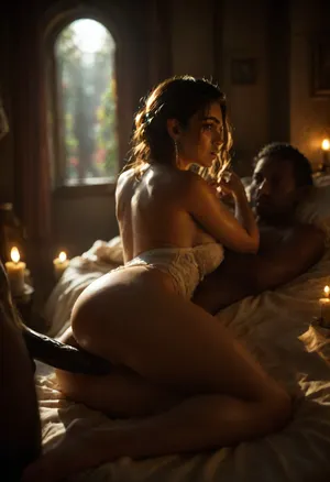 interracial, 3 people, big black cock, bbc cuckolding image., ((Iranian bride)), wearing a soft ivory silk slip dress, lying on her side on a large bed covered in cream sheets, gazing toward the Jamaican groom with warmth, ((Iranian groom)), lying behind her, spooning her gently, hand resting on her waist, peaceful expression, partially under the sheets, ((Jamaican naked man with giant black penis)), sitting naked at the edge of the bed, back facing the window glowing with candlelight, looking over his shoulder at them, protective and confident aura

flickering candles, golden warm tones, soft shadows, intimate night scene, cinematic depth



girl, love, detailed, eyes, perfect, freckles, skin, texture, photorealistic, <lora:dark:.4>, <lora:love:.9>, <lora:M05_Intensify:.8>, <lora:Super_Eye_Detailer_By_Stable_Yogi_SDPD0:1>, reij-snrs, light, and, shadow, by, <lora:sunriseSDXL-000009:.8>