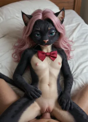 alone, full body， cute，female，young skinny furry panther, black furry body, short shoulder-length hair, blue long hair, pink panther tail, black panther ears，thick blue eyebrows，Brow extension， open their mouths slightly, with eyes closed, can be seen lying flat on the bed, Sleep ，high resolution，syncope，It's the highest quality, There is a light yellow stain on the bottom，Japanese，Correct Anatomy，can be seen lying flat on the bed，with a red bow on her head，The animal's white paws，Black meat pad ，Legs up，vagina, pov sex from behind, close-up sex, velvet, prowler, <lora:artfullyVPROW_SDXL_V1:.8>, feline_hybrid, furry, <lora:Realistic_Feline_Hybrids:.8>, lv1, rubili, <lora:lv1_rubili_0101_new_year_il:.8>, yonkagor, <lora:1439051_training_data:.8>