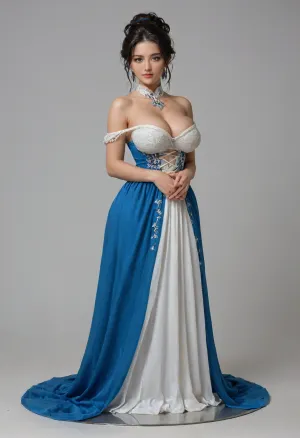 Beautiful chinese princess with a figure-hugging traditional dress, the enormously large breasts are very tight under the dress and the curves of the hips are perfectslobber