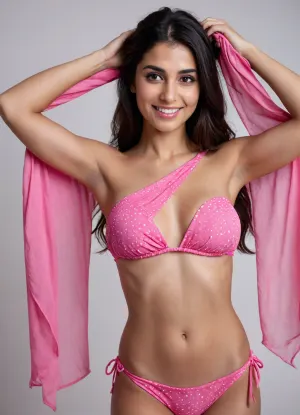 A Pakistani woman with long dark hair posing indoors against a plain white background, wearing a bright pink bikini top and a matching pink fabric draped over one shoulder. Her skin is covered with various pink spots, resembling a playful or artistic design, and she is smiling while touching her hair with one hand., luxurious, and cinematic.", view alutrawide angle, wide angle, full extra wide angle, full portrait, 4k details, extra detail, soft hands, sober face