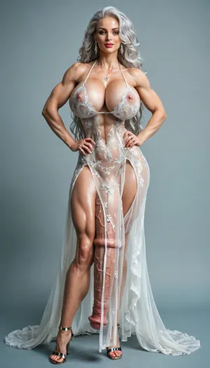 Beautiful sexy MILF, futanari, dickgirl, massive equine penis, hyper penis, huge full scrotum, huge breasts, athletic, fit, voluptuous, very long hair, platinum hair, full body view