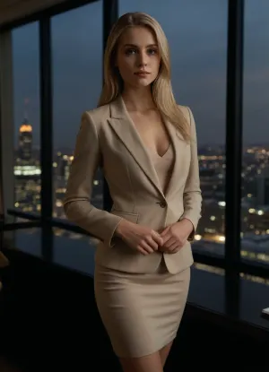 (masterpiece, best quality, photorealistic, ultra-detailed), 1girl, Natalia Kowalska, 20 y.o., Polish, fair skin with light tan, silver-gray eyes, long sleek platinum blonde hair, tall and slender body, luxury business outfit, fitted beige blazer, high-waisted pencil skirt, silk blouse with closed collar, nude pantyhose, nude pumps, standing with arms crossed in high-rise penthouse office with glass walls, city lights behind her, soft neutral expression, posture straight and poised, minimalist decor, diffused interior lighting, cinematic realism, subtle shine on silk, 8K sharp detail, <lora:add-detail-xl:1.2>