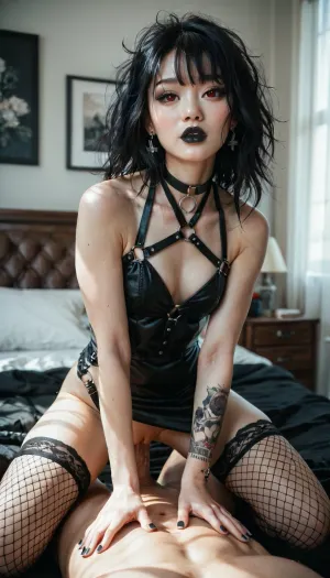 (score_9, score_8_up, score_7_up, UHD 8K, masterpiece, best quality, maximum details, natural light, extreme realism, cinematic still), (cute 19 years old asian girl), (bedroom), (black hair), pale white skin, (goth), (black lipstick), (black lips), (red eyes), (bangs), messy goth hair, slim and petite body, (shaved pussy), black choker, black fishnet on arms, black fishnet on legs, black harness. Black miniskirt. Black dress with boobs exposed.


Having sex, doggy, doggystyle, doggy postion, (huge muscular man), (rugged hands), (big penis), (moaning), (grabbing another's waist)