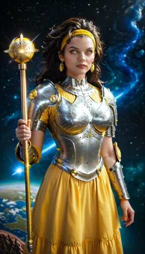 Big barda, DC Comics, brunette, long straight hair, big boobs, blue plate armor, yellow skirt, yellow top, holding an energy scepter, multi-pronged headband, alien planet, <lora:Ornamental_Armor:1>, <lora:Cosmoport_in_capital_Eternium_on_planet_Medlan:.8>