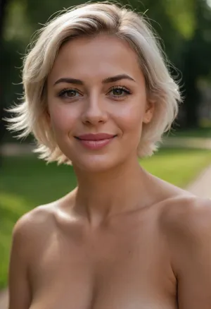 A professional nude photo portrait of a 39yo Russian woman, in a summer park. The woman is beautiful, graceful, short, chubby, with charming brown eyes, long eyelashes, puffy cheeks and sexy pink lips. She is romantic, tender, and obviously in love with the photographer, so she smiles dreamily, and her eyes glow with happiness. Her skin is tanned and very oiled, also she has wrinkles. Her hairstyle is short and messy white hair. Her breasts are visible in the picture, small, with soft pink nipples.
BREAK
Helios lens, realistic, masterpiece, sharp details, bokeh.