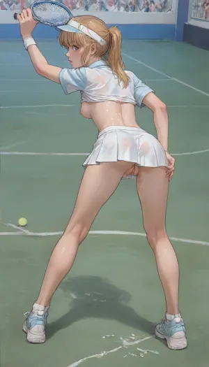 18 year old girl, cute sexy face, golden blonde pigtails, bright blue eyes, tight white short skirt, extra tight light blue polo shirt with white sports bra, shirt, white tennis shoes, light blue visor, perfect muscular body, shiny sweaty skin, a cup breasts, small breasts, small nipples, perky breasts, perfect pussy, perfect tight muscular ass, facing forward, bent over net, playing tennis at luxury tennis court, cum on thighs, cum on stomach, cum on back, cum in hair, (ratatatat74), 90s Anime, (Outline), (cartoon), tooned, 1girl, cartoon, low color palette, sexy, painted, illustration, made in adobe illustrator, no gradients, incase style, concept, art, by, syd, mead, retro, futuristic, flat colors, Perfect Hands, <lora:rearpussy-xl-1.0:.5>, <lora:ratatatat74-000050:.9>, <lora:outline_xl_kohaku_delta_spv5x:.5>, <lora:cartoon_stickers_xl_v1:.6>, <lora:NEOTOKIOXL_0.2_RC:.4>