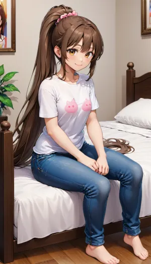 full body seems, jeans, cat t-shirt, sit, brown hair, ponytail haircut, smile, very long hair, very very long hair, no shoes, ribon hair, bed, <lora:detailed_notrigger:.8>