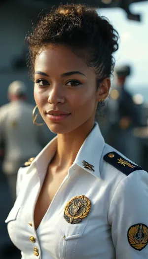 US Navy Aircraft Carrier, sexy afro-latina naval officer, naval uniform, unbuttoned, cleavage, hair in a tight bun, tanned, sexy smile, <lora:add-detail-xl:.8>, <lora:MJ52:.8>