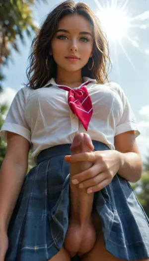 Beneath the sun: a dynamic encounter with a cute shemale and her huge, hairy endowment - ultimate realistic photo in a school uniform
