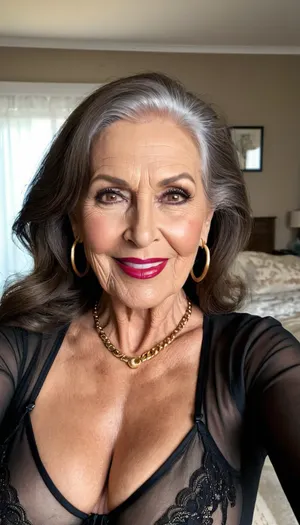 sexy granny mature, sexy 75 years old, dark brunette, long wave hair, chubby, tan skin, sexy naught smile orgasm sexy face, naught sexy face, huge eyes, very pointed nose, tall, selfie, glamour, make up, lipstick, huge hoop earrings, necklace, black with gold long sleeve lingerie, very long face, narrow jaw, extreme huge long face