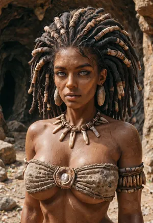 beautiful cave woman showing breasts, dark skin, dreadlocks, (old woman:1), (white eyes:1.3), (breast size:1.2), prehistoric, native, stone age, dvr-stnd, <lora:dvr-stnd:1>