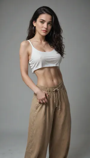 A gorgeous 30-year-old romanian woman, striking fashion model facial features, high cheekbones, full pouty lips, arched eyebrows, blue eyes, long hair, sleek hair, straight hair, black hair, huge natural breasts, small waist, flat stomach, very fit, round ass, pale skin, very fair, flirty smile, big hoop earrings, (((baggy pants))), (((low rise pants))), sagging pants. pants low on her hips, loose cropped tank top, hippie hairstyle, boho fashion., <lora:add-detail-xl:1>, <lora:hinaTuningFaceDetailer_SDXL-v2-rank256-pruned:1.4>