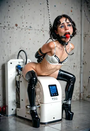 gay men, hairy chest guy, wearing white satin push bra, 55 years old, black short haircut, round glasses, harness garter straps, he is wearing red stiletto high heels fetish platform shoes, wearing lingerie, stockings, high heels fetish shoes, fetish platform high heels, (black latex stockings:1.2), latex gloves, (black hair short hair), open mouth, flat gay chest, penis in metal chastity, (steel cock ring with chastity cock cage), red ball gag, metal chain on the nipples, leather leash, White vinyl thigh high platform heel boots, naked, slim, full body view, bondage, mechanism, sex machine in every hole, fixed, built into mechanism, built in arms and legs, large device, girl bound to device, arms and legs restrained inside, stationary restraints, mechanical restraints, painful anal, short body, freckles, lot of cum, 18yo, ((wearing satin white bra)), ((large white satin push bra)), short black hair, petite, very tiny body, very thin chest, slim micro waist, submissive, black short hair, wide opened mouth, tongue out, ahegao, shiny brown double band stockings, white satin gloves, tears, crying, thin arms, thin legs, chains, chained belt, bondage tits, bound, tied hands behind back, handcuffs, orgasm, ropes, slave, mouth gag, bulged, (Flat chest:1.5), (small butt:1.5), fucking machine, daylight, wide hips, machine, bent over, on stomach, detailed background, sex-machine, spread, legs, cum, in, ass, anal, dildo device also in mouth, mouth stretched wide to fit massive dildo fucking machine device, ((thick saliva threads on mouth and dildo)), stationary, restraints, 4k, intricately detailed face, realistic face, ball, gag, his cock in chastity metal device, detailed, eyes, perfect, skin, texture, photo realistic, <lora:sexmachine_XL_0_:1>, <lora:gagged-4e:1.6>, <lora:Super_Eye_Detailer_By_Stable_Yogi_SDPD0:.8>