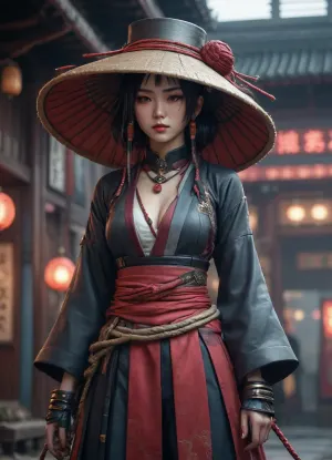 anime girl with a large hat and a rope around her neck, cyberpunk art, retrofuturism, by Lü Ji, cgsociety 9, nezha, very beautiful cyberpunk samurai, cyberpunk geisha, concept art feng zhu
