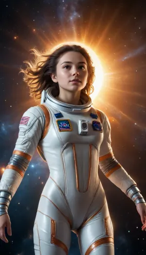 uber realistic image, fullcolor image, full body view, 8K quality, ultra detailed, open space, beautiful girl astronaut on the background of stars and nebulae, a beautiful picture of deep space, the nearest star is the head of the girl, ((the sun's rays form an aura over the head of the girl penetrated by rays of light)), front view