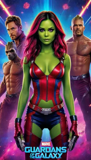 ((Movie poster for a 2020s movie version of the movie Guardians of the Galaxy, sexy, cleavage, great hair, sexy legs, small breasts)), Movie, Poster, page, <lora:MJ52:.6>, <lora:Movie Poster:.8>