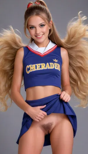 Masterpiece NSFW, 8K ultra-high resolution, ultra-high quality, (Best shots captured by professional photographers using ultra-high performance high-sensitivity cameras to capture a rich sense of reality:1.5), 18-year-old female high school student, blonde white, Greek, platinum golden blonde straight long hair, styled by a professional hair designer, the cutest and most popular female high school student in school, (Miss High School Girl World Championship Grand Prix winner:1.5), tall and curvaceous, firm and sensual young body with a dynamic presence, beautiful large breasts, erotic plump nipples, (beautiful symmetrical droopy eyes, beautiful colored eyes, beautiful high nose, beautiful lips, very bright, cheerful and cute smile with upturned corners of the mouth:1.5), ((Perfectly aligned teeth, dental braces)), ((Hairy pubic hair covering a wide area of ​​the crotch:1.5)), sexy hips, firm and sexy thighs, (With collar:1.5), (Sleeveless:1.5), (Wearing the highest quality cheerleader costume that combines a sleeveless shirt with a collar and a pleated skirt that fits perfectly on the glamorous body:1.5), (is clearly visible:1.5), (Fixed lifting motion with both hands:1.5), (Frontal image showing the cheerleader's very cute and attractive standing from head to knees:1.5), (Photographed in a studio sprinkled with elementary particles to create a realistic photographic effect with a rich sense of presence), A perfect metaphor for hands, playboy, magazine, cover, 1960s, 1970s, 1980s, 1990s, 2000s, skirtlift, 80spornomag, <lora:playboy_cover_SDXL_v1:.7>, <lora:skirtlift_xl:.5>, <lora:80spmagxl_v1-000002:.3>