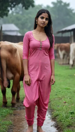 beautiful sexy slender young indian Mallu village girl wearing a realistic salwar and suit standing in a village cattle farm, with some cattles, her big boobs, big ass, raining outside, her body is fully wet, nipple are visible, panty wet visible, girl