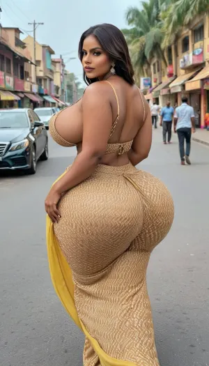 African women, extremely huge wide inflating booty, thin waist, extreme chubby hourglass body, extremely huge inflating boob, extremely large areola, extremely puffy nipple, wear an Indian saree, walking on street, front view, back view, side view, ohwx, large, breasts, big, boobs, huge, tits, <lora:GracieBon-000005:.8>, <lora:bombshell_v2:.8>