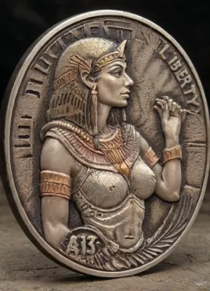 Cleopatra coin carving, cnl, cnl lighting, cnl texture, engraved word that says "ALLI36", details in details, realistic lighting, realistic shadows, photography, <lora:Cnl-XL-V1:1>
