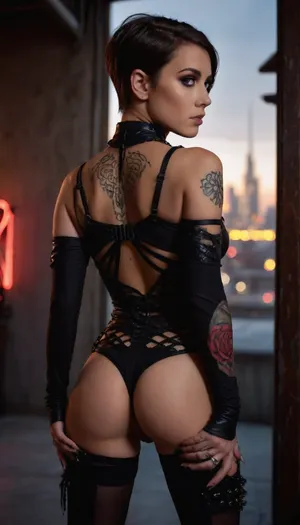 full-body portrait of a sexy, beautiful gothic-cyberpunk woman standing in a relaxed contrapposto pose, glancing over her shoulder with an intense, composed expression — sharply defined cheekbones, almond-shaped eyes with subtle smokey makeup, a single small black tattoo below her right eye — short sleek bob haircut with dark brown hair and glistening highlights, sharply cut fringe framing her face — intricate tattoos covering her back, arms, and legs, gothic-tribal circular script on upper back, skull and red rose sleeve with black feathers and red ribbon veins on left arm, barbed wire and shadowy abstract tattoos on right arm, cryptic rune on lower back, floral and feather design on left thigh, biomechanical tattoo on right calf — ornate dark metal ear cuff with deep blue gems, multiple piercings — black metallic collar with draped chain forming a body harness — futuristic high-collared synthetic leather jacket with matte and glossy textures, open in the back, asymmetrical zippers and industrial hardware — tight black mesh bodysuit with side cut-outs, high-waisted combat pants with holsters and straps, reinforced mid-calf boots — soft moody lighting accentuating her tattoos and metal accessories — abstract futuristic city skyline in background, dusk setting with blurred neon signs — highly detailed, gothic cyberpunk, dramatic atmosphere, 8k, cinematic lighting, from, behind, buttlift, wide, hips, large, ass, <lora:MS_Real_XL_Buttlift:.8>