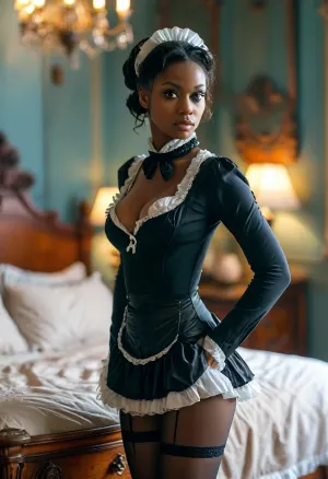 Sexy ebony french_maid standing next to a bed in an opulent mansion, (impressed expression), (wearing a maid uniform, pantyhose, cleavage, large breasts), african features, <lora:MJ52:.8>, perfecteyes, <lora:PerfectEyesXL:.8>