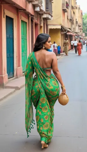 African women, extremely huge wide inflating booty, thin waist, extreme chubby hourglass body, extremely huge inflating boob, extremely large areola, extremely puffy nipple, wear an Indian saree, walking on street, back view, side view, ohwx, large, breasts, big, boobs, huge, tits, <lora:GracieBon-000005:.8>, <lora:bombshell_v2:.8>