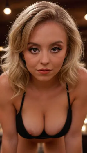(Closeup photo:1.2), (bokeh:1.3), (detailed hair:1.2), (detailed eyes), (black eye liner), (blonde hair:1.2), (seductive eyes), (detailed face:1.4), (cleavage visible), (bending over), downblouse, halter top, low angle shot, on porn studio, she is standing above, syds, woman, Sydney, Sweeney, Woman, <lora:RealDownblouseXL2:.8>, <lora:SydneySweenyXLDogu:1>, <lora:sydneyXL:.5>
