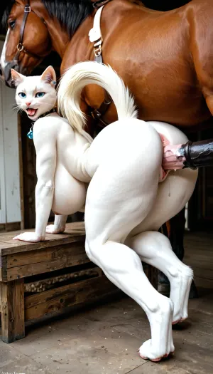 ((anthro white cat, female anthro white cat)), solo, massive breasts, huge ass, sexy girl, huge hips, very narrow waist, rounded hips, thick thighs, voluptuous, thick fur, cute long tail, on all fours, (being fucked by massive horse:1.5), massive horse cock, (real horse dominating anthro cat girl:1), (side view:1), looking at viewer, pussy dripping, spreading pussy, cute little kitty paws, cute puffy asshole, massive fuzzy ass, orgasm face, heavy breathing, tongue out, eyes crossed, unaestheticXL_cbp62, (negative_v2, Color_Balance_Calibration:.8), <lora:early621-000002:.9>, <lora:aniv3de:.5>