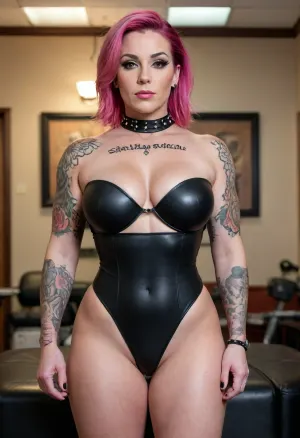 Full body, Sheena Swole, extremely large breasts, extremely large ass, extremely large hips, top heavy, bottom heavy, front heavy, back heavy, bodybuilder physique, extremely muscular, extremely toned, extremely well defined muscles, muscular goddess, muscle mommy, broad build, pale skin, short dark pink hair, black tattoos on arms, black tattoos on legs, black tattoo on cheek, light makeup, black leather strapless leotard, black leather choker with spikes, black leather bracers with spikes, wide body, huge woman, in a tattoo parlor
