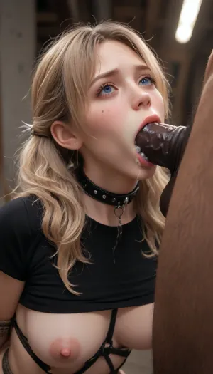 zoophilia, oral sex with a horse, swallows very deeply, you can see how her throat is bursting, excited 20-year-old girl. Wavy hair. Blonde. Freckles. The girl has a very thin body and big elastic tits. large areolas, dark areolas. She wears a leather harness, the straps wrap around her throat and chest. 8k, photorealistic, intricately detailed face, girl fucks horse, fucks horse cock, big horse cock in mouth, small tits, breasts, (score_9, score_8_up, score_7_up, masterpiece, high quality, cinematic, 8k, UHD, high realism, highest detail, night), disgust, fucked doggy style, diffused light, no light, brutal fucking, takes huge horse cock in mouth, throat bulges from cock penetrating her are visible
punishes his gorgeous muscular slim submissive horny 20 year old girl. Wavy hair. Blonde. Freckles. The girl has a very thin body and big firm tits. big areolas, dark areolas., kneeling in front of him, hanging by her hands which are tied with a rope and tied to the ceiling, suspended by a rope from the ceiling, she is wet with sweat, cum and tears, he pulls hard on both pigtails to shove his huge hard cock deep down her throat, painful, scary, pulling hair, pulling pigtails, she is sloppily choking, drooling, gasping, pushing back with her hands and trying to breathe, balls deep, full lips spread by his cock, lips at the base of his cock, sloppy, oral creampie, mouth rape, blowjob, tears, mascara streaks, smeared makeup, mouth overflowing with cum and drool, cum on face, spit on face, sweat soaked body, shocked, panicking, scared face, swollen veins on neck, struggling, moaning, screaming, crying, yelling, bulging eyes, wide open eyes, wide jaw and sharp cheekbones with beautiful grey eyes, pigtails, tight black t-shirt ripped in front to reveal her athletic muscular slim body and firm full D cup breasts over her plaid micro skirt, black leather collar fastened tightly around neck, black leather leash hanging from her collar, no panties, bare pussy, full body side view, (deepthroat:2), (bdsm:2), (wet:1.5), (choking:1.3), (scared:1.2)