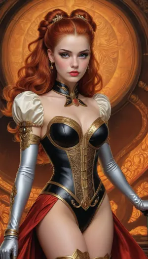 masterpiece, best quality, dark background, 1girl, solo, looking at viewer, long hair, ponytail, orange hair, very long hair, brown hair, magical girl, (style Michael Cheval:1.5), leather, halter, gown, knee, length, short, elbow, gloves, full, body, shot, J.C., Leyendecker, Style, page, <lora:Samaritan 3d Cartoon SDXL:.1>, <lora:J.C. Leyendecker Style:.8>