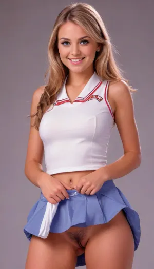 Masterpiece NSFW, 8K ultra-high resolution, ultra-high quality, (Best shots captured by professional photographers using ultra-high performance high-sensitivity cameras to capture a rich sense of reality:1.5), 18-year-old female high school student, blonde white, Greek, platinum golden blonde straight long hair, styled by a professional hair designer, the cutest and most popular female high school student in school, (Miss High School Girl World Championship Grand Prix winner:1.5), tall and curvaceous, firm and sensual young body with a dynamic presence, beautiful large breasts, erotic plump nipples, (beautiful symmetrical droopy eyes, beautiful colored eyes, beautiful high nose, beautiful lips, very bright, cheerful and cute smile with upturned corners of the mouth:1.5), ((Perfectly aligned teeth, dental braces)), ((Hairy pubic hair covering a wide area of ​​the crotch:1.5)), sexy hips, firm and sexy thighs, (With collar:1.5), (Sleeveless:1.5), (Wearing the highest quality cheerleader costume that combines a sleeveless shirt with a collar and a pleated skirt that fits perfectly on the glamorous body:1.5), (is clearly visible:1.5), (Fixed lifting motion with both hands:1.5), (Frontal image showing the cheerleader's very cute and attractive standing from head to knees:1.5), (Photographed in a studio sprinkled with elementary particles to create a realistic photographic effect with a rich sense of presence), A perfect metaphor for hands, playboy, magazine, cover, 1960s, 1970s, 1980s, 1990s, 2000s, skirtlift, 80spornomag, <lora:playboy_cover_SDXL_v1:.7>, <lora:skirtlift_xl:.5>, <lora:80spmagxl_v1-000002:.3>