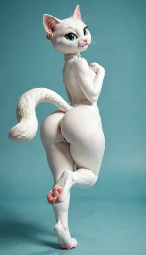((anthro white cat, female anthro white cat:1)), solo, huge ass, sexy cat girl, (tall:1.6), thin body, huge hips, thick fur, long cat tail, looking back over shoulder at viewer, (showing cute little kitty paws), cute puffy asshole, standing with one leg up, <lora:early621-000002:.9>, <lora:aniv3de:.5>, <lora:Fur:.8>