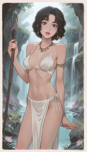 beautiful African black ebony warrior-woman, with huge bare breasts, short curly black hair, wearing a loincloth made of skin, a spear in his hand, a necklace of fangs and a claw on his neck, he will run away from a huge Phorusrhacos longissimus bird, night, two moons, a stream with a small waterfall, the steppe strewn with fantastic glowing multi-colored flowers, (ratatatat74), 90s Anime, (Outline), (cartoon), tooned, 1girl, cartoon, low color palette, sexy, painted, illustration, made in adobe illustrator, no gradients, incase style, concept, art, by, syd, mead, retro, futuristic, flat colors, Perfect Hands, <lora:ratatatat74-000050:1.1>, <lora:outline_xl_kohaku_delta_spv5x:.5>, <lora:cartoon_stickers_xl_v1:.8>, <lora:NEOTOKIOXL_0.2_RC:.5>