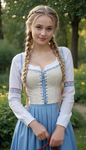 Russian girl, 18 years old, blonde hair, long braided hair, perfect blue eyes, smile, seductive face, freckless, traditional russian costume, cleavage, pronounced neckline, (big natural tits), skinny, in the garden, (((full body picture))), lora, Msgk_face
