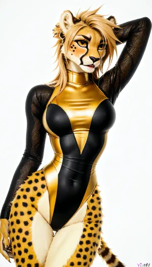 (yiff anthro furry cheetah:2), (sexy sheer golden nylon long sleeve tight leotard:2), white background, golden jewelry, facial piercings