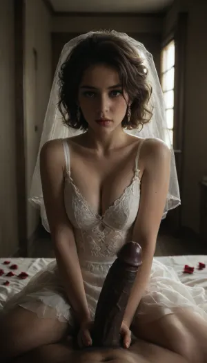 (POV of an giant black man with large black penis standing in the doorway, black man hold his large black penis), a bride in a beautiful white slutty and cutout wedding dress sitting on a luxurious bed, white cuckold groom in a suit gently hugging her, sitting on bed, both looking at each other lovingly, soft candlelight and moonlight glowing in the room, rose petals scattered around, dreamy and intimate atmosphere, fantasy style, highly detailed, A romantic bedroom scene, cinematic lighting, <lora:dark:.4>, <lora:600523_training_data:.8>