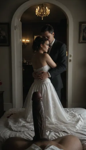 (POV of an giant black man with large black penis standing in the doorway, black man hold his large black penis), a bride in a beautiful white slutty and cutout wedding dress sitting on a luxurious bed, ((white cuckold groom in a suit gently hugging her)), sitting on bed, both looking at each other lovingly, soft candlelight and moonlight glowing in the room, rose petals scattered around, dreamy and intimate atmosphere, fantasy style, highly detailed, A romantic bedroom scene, cinematic lighting, <lora:dark:.4>, <lora:600523_training_data:.8>