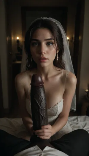 (POV of an giant black man with large black penis standing in the doorway, black man hold his large black penis near bride's face), a Curvy Persian bride in a beautiful white slutty and cutout wedding dress sitting on a luxurious bed, ((white cuckold groom in a suit gently hugging her)), sitting on bed, (both looking at each other lovingly), soft candlelight and moonlight glowing in the room, rose petals scattered around, dreamy and intimate atmosphere, fantasy style, highly detailed, A romantic bedroom scene, cinematic lighting, romantic_couple_poses, <lora:dark:.4>, <lora:1365620_training_data:.6>