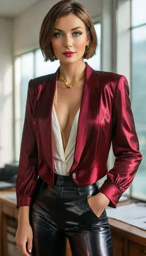 (((Full body view, (strict 35 years old office businesswoman, (short bob hairstyle with straight combed hair, voluminous styling 80s style), (dense fabric with black metallic shimmer, reflection, shine, dark cherry satin business suit blazer, in a business suit with trousers), (milky white blouse with a stand-up collar and stitched with gold thread with a pattern of rosebuds, stylish designer blouse with a print and embossing), presents a documentary report, provocative, sexy, mature but fresh cute, outwardly very pleasant, sweet, gentle, modest, fragile face, extra fat, lady in the body but slender, lean, fit, athletic, milf business woman sexy, amateur, mature sex bomb, delicious milf, big standing boobs that are about to jump out, with push up effect, clear image, high quality, detailization, 3D effect, presence effect, POV, focus and sharpness of objects, ultra-quality, high detail elaboration, detailed hands, fingers, jewelry, silicone boobs, deep neckline, cup number 10, (powerful daylight from the office window, shadows and light create 3D volume and realism of what is happening, detailed lighting, high-quality lighting, emphasis on the figure, boobs and torso, narrow waist, athletic, wide, tight hips, midday)), (((very oiled body, very oiled skin))), ((Ultimate realistic photo)), (((dynamic sexy pose))), (((bright sunlight)))))), <lora:MJ52:.8>, <lora:attractive_notrigger:.8>