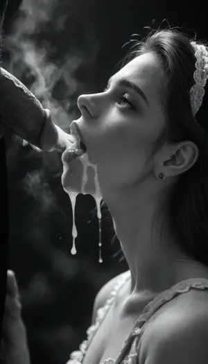 score_9, score_8_up, score_7_up, (white man), (close up), muscular, (steam on mouth:1.4), seven inches penis, (standing up straight), excessive cum, dripping on to girl, cum, (looks with love and happy), (((profile view))), cum shooting, cum dripping, (((lace black housemaid clothes))), (woman 20yo kneeling), (woman looking up at man), (ban haircut), (((black silhouette))), (((monochrome:1.9))), heavy natural droplets breasts, (black background), backlight, style, hair, light, <lora:hair light backlight style v1:.9>, <lora:206223_training_data:2>